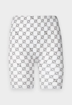 Pantalones cortos blancos con un diseño geométrico en gris y detalles que dicen "PEINS". Cintura elástica, longitud a mitad del muslo.