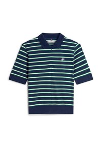 Polo bleu marine avec des rayures horizontales vertes et bleu clair, manches courtes et col. Présente un petit logo sur la poitrine.