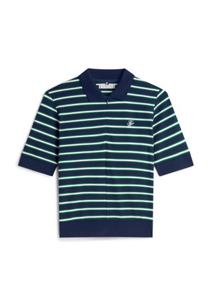 Μπλε πουκάμισο πόλο με πράσινες και γαλάζιες οριζόντιες ρίγες, κοντά μανίκια και γιακά. Διαθέτει μικρό λογότυπο στο στήθος.