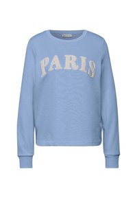 Jasnoniebieska bluza z długimi rękawami, z napisem "PARIS" w kremowym, teksturowanym druku na klatce piersiowej. Prążkowane mankiety i dół.