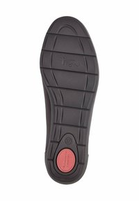 Schwarze Gummisohle mit strukturiertem Design, Profilmuster und rotem Komfort-Einlagenetikett. Verfügt über erhabene runde Akzente und eine Größenmarkierung.