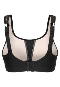 Svart sportbh med breda axelremmar, hakeförsedd stängning och en slät yta med en kontrasterande sömdetalj i mitten.