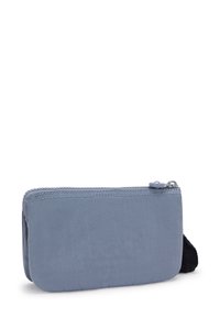 Small rectangular light blue zippered pouch with fabric texture and black loop handle on white background.