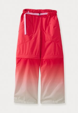 Punaiset gradient-housut, joissa on elastinen vyötärö ja säädettävä vaaleanpunainen vyö. Varustettu kahdella sivutaskulla ja sileällä, vedenpitävällä pinnalla.