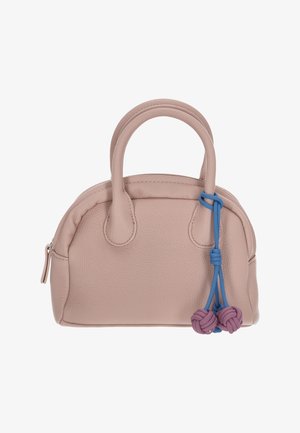 Lille lyserød lædertaske med rundet form, to håndtag og dekorative knuder i blå og lilla. Har tekstureret overflade og lynlås.