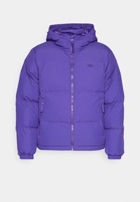 Fialová péřová bunda s kapucí, zapínáním na zip vpředu, elastickými manžetami a bočními kapsami. Hladký povrch s horizontálními švy a logem.