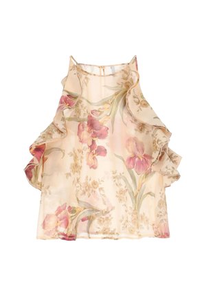 Blusa senza maniche floreale in morbido tessuto pesca, con bordi arricciati e un motivo floreale con accenti rosa e verde. Texture leggera e trasparente.