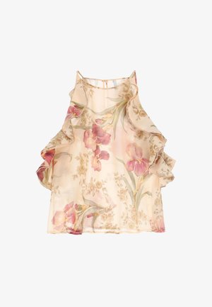 Blusa senza maniche floreale in morbido tessuto pesca, con bordi arricciati e un motivo floreale con accenti rosa e verde. Texture leggera e trasparente.
