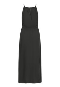 Robe maxi noire sans manches avec fines bretelles, encolure froncée et cordon noué à l'avant.