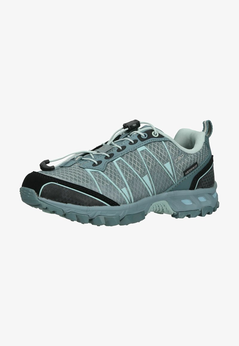 Zapatillas deportivas en gris y verde azulado con parte superior de malla, detalles impermeables y suela de goma duradera. Presentan cordones elásticos y puntera reforzada.