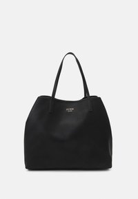 Czarna torba tote wykonana z teksturowanej skóry syntetycznej, z podwójnymi uchwytami i złotym logo z przodu. Okrągły kształt z przestronnym wnętrzem.