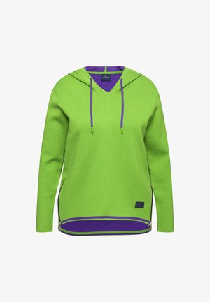 Felpa verde con fodera viola e cordini. Presenta zip laterali e orli a contrasto. Realizzata in tessuto testurizzato.