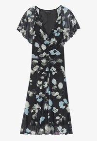Black floral dress with ruched detailing. Features short flutter sleeves and a flowing skirt adorned with light blue and white floral patterns.