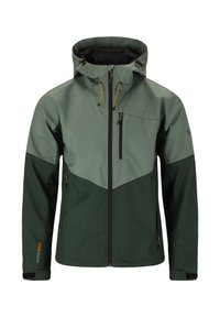 Waterproof green jacket with a two-tone design, featuring a zippered chest pocket, adjustable hood, and elastic cuffs.