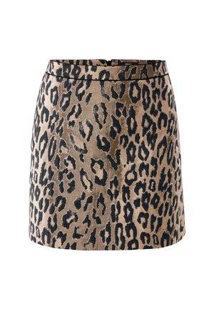 Gonna in velluto marrone con motivo leopardato nero, vita aderente e chiusura con zip sul retro.