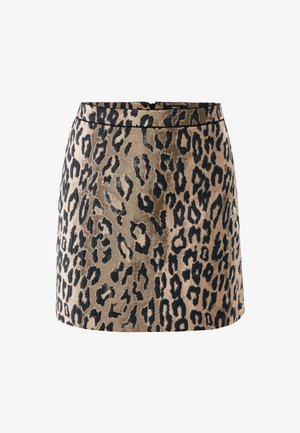 Brown velvet skirt with black leopard print pattern, fitted waist, and a back zipper closure.