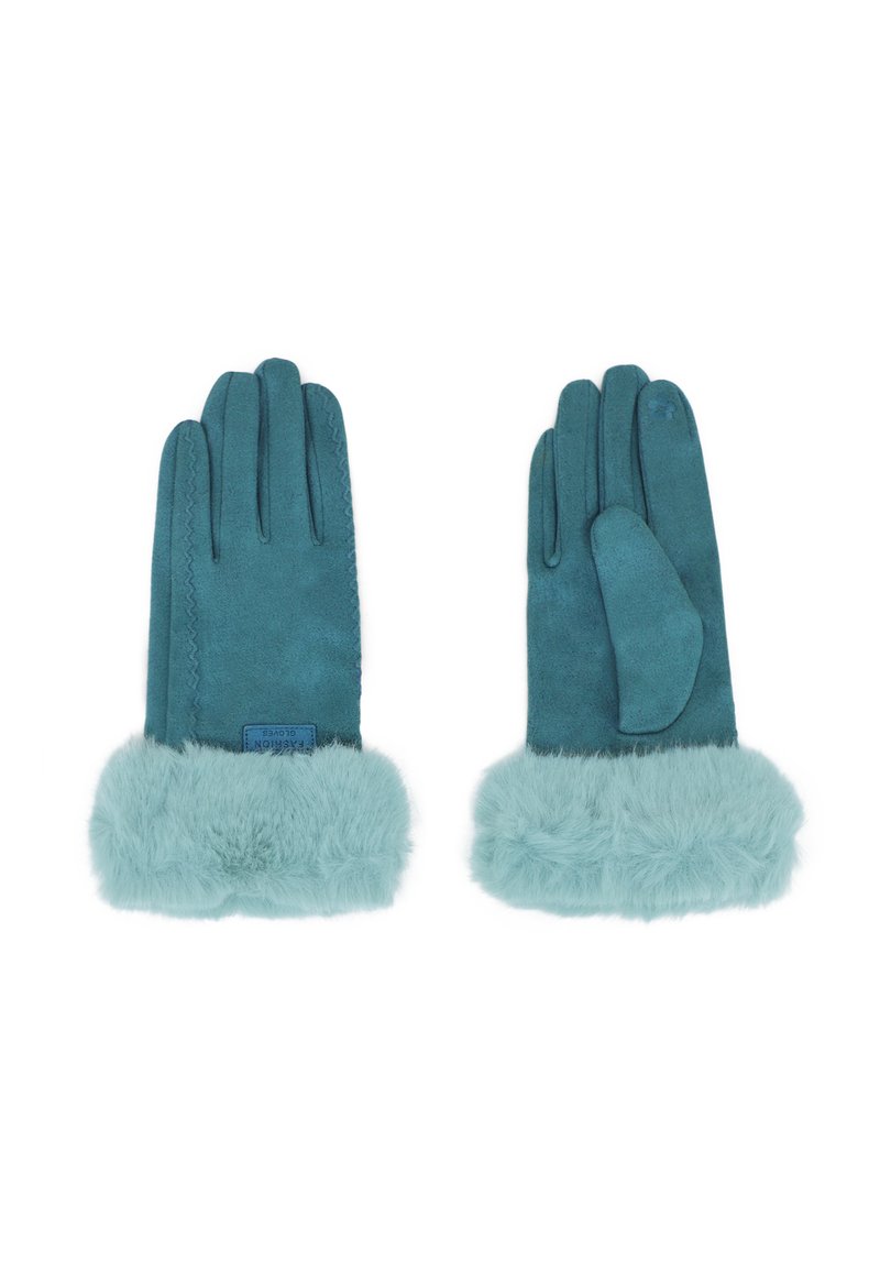Guanti in suede teal con un morbido polsino in pelliccia sintetica di un blu chiaro. Cuciture dettagliate sulle dita e un logo a patch nella zona del polso.