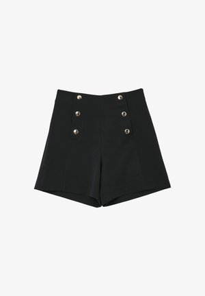 Black shorts with a tailored design, featuring four silver buttons on the front, smooth fabric, and a clean, structured silhouette.