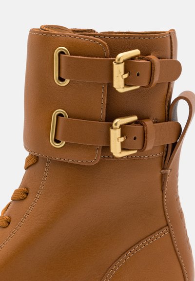 Brown leather ankle boot featuring double gold-tone buckles, textured surface, and detailed stitching. Rounded toe and secured lace-up front.