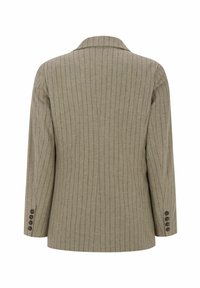 Dopasowana marynarka z jasnobrązowej tkaniny z pionowymi prążkami. Klapa z wycięciem, długie rękawy oraz ozdobne guziki na mankietach.