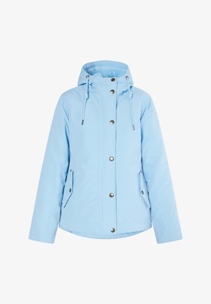 Hellblaues, wasserdichtes Jackett mit Kapuze, ausgestattet mit Druckknöpfen, verstellbaren Kordeln und Seitentaschen. Hergestellt aus glattem, weichem Stoff.