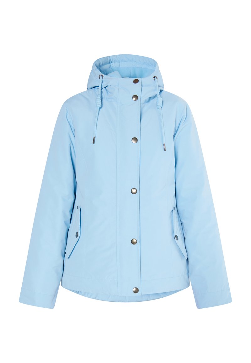 Lichtblauwe waterproof jas met een capuchon, voorzien van drukknoopsluitingen, verstelbare trekkoorden en zijzakken. Gemaakt van zachte, gladde stof.