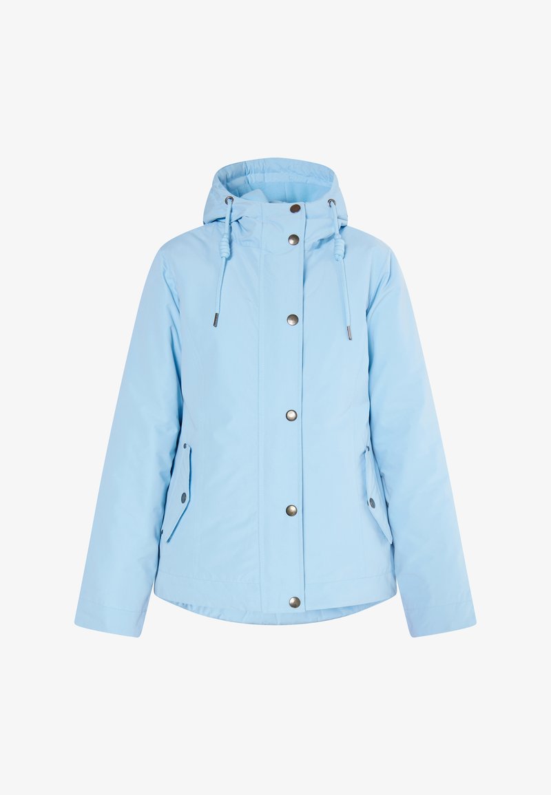 Hellblaues, wasserdichtes Jackett mit Kapuze, ausgestattet mit Druckknöpfen, verstellbaren Kordeln und Seitentaschen. Hergestellt aus glattem, weichem Stoff.