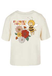 Light beige cotton t-shirt featuring a cartoon bee and colorful flowers with the text “FLOWER POWER” in orange and red. Short sleeves.