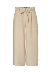 Beżowe spodnie o szerokich nogawkach z elastycznym, marszczonym paskiem w talii oraz dopasowanym paskiem do związania. Wykonane z lnu, co zapewnia lekką teksturę.