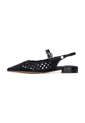 Zapatos slingback negros con punta puntiaguda, con diseño tejido y tacón bajo, transparente y en bloque. Incluyen una correa ajustable con hebilla.