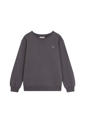 Sudadera gris de manga larga, con puños y dobladillo acanalados, que presenta un pequeño logo de calavera bordado en el pecho. Textura de tela suave.