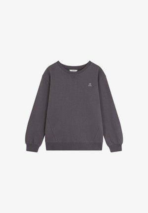 Sudadera gris de manga larga, con puños y dobladillo acanalados, que presenta un pequeño logo de calavera bordado en el pecho. Textura de tela suave.