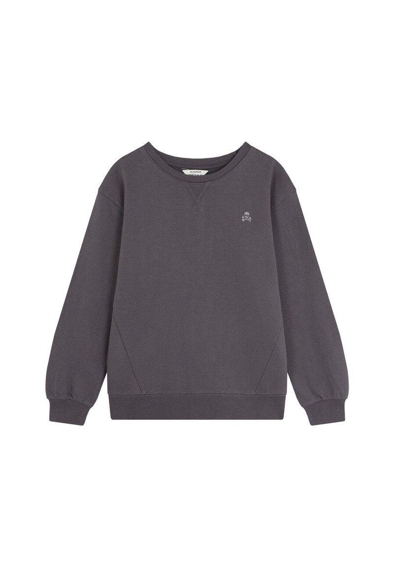 Sudadera gris de manga larga, con puños y dobladillo acanalados, que presenta un pequeño logo de calavera bordado en el pecho. Textura de tela suave.