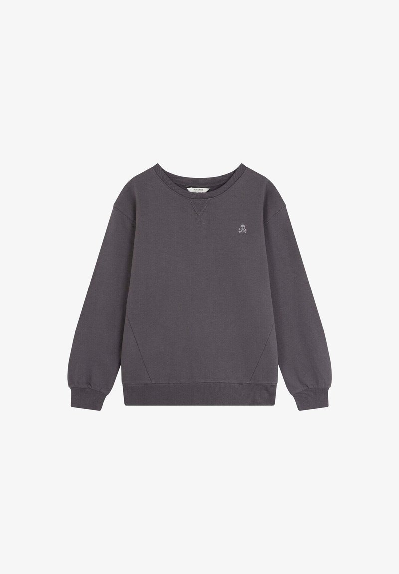 Grey sweatshirt with long sleeves, ribbed cuffs, and hem, featuring a small embroidered skull logo on the chest. Soft fabric texture.