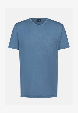 Blaues kurzärmeliges T-Shirt aus weichem Stoff, mit rundem Halsausschnitt und einer kleinen Brusttasche mit gesticktem Rand.