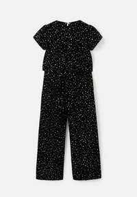 Černý overal s krátkými rukávy, který má rozptýlený vzor bílých teček. Měkká tkanina, volný střih a elastický pas pro pohodlí.