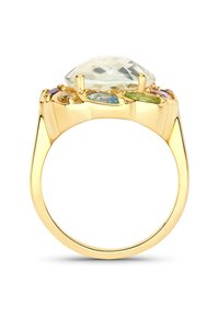 Bague en or avec une grande pierre claire taillée sur le dessus, entourée de plusieurs pierres précieuses colorées en formes ovales et poires. Fini lisse et poli.