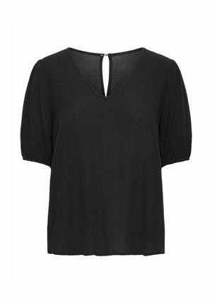Blusa nera a maniche corte con scollatura a V e un piccolo dettaglio a oblò sul retro. Realizzata in un tessuto leggero e leggermente strutturato.