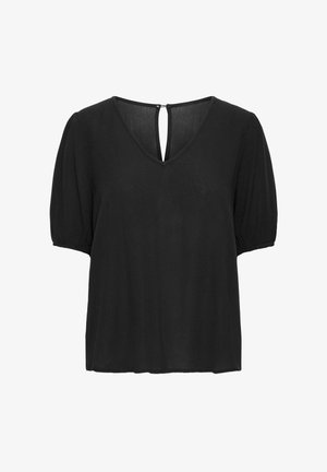 Juoda trumpų rankovių bliuskelė su V formos iškirpte ir maža skylute nugaroje. Pagaminta iš lengvo, šiek tiek tekstūruoto audinio.