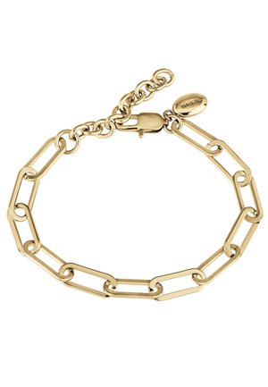 Goudkleurige kettingarmband met langwerpige schakels, veilige karabijnsluiting, verstelbare kettingverlenging en klein ovaal merkje.