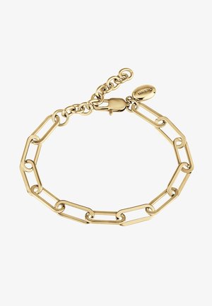 Goudkleurige kettingarmband met langwerpige schakels, veilige karabijnsluiting, verstelbare kettingverlenging en klein ovaal merkje.