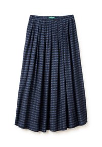 Maxi skirt in navy featuring a textured circular pattern. Made of soft fabric with pleats for movement and an elastic waistband.