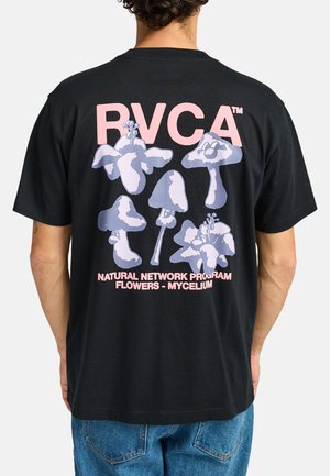 Black cotton t-shirt featuring a large pink "RVCA" logo and graphic of light blue mushrooms and flowers on the back. Standard fit.