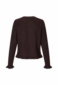 Barna kötött pulóver fodros szegéllyel és ujjak végével, hosszú ujjakkal és kerek nyakkivágással. Simaszerkezet, amely jól illeszkedik a testhez.