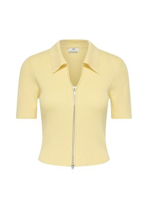 Polo jaune à manches courtes côtelé avec un col en V profond et une fermeture éclair à l'avant. Il présente un col structuré et une coupe ajustée.