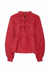 Sarkana teksturēta blūze ar dimanta rakstu, savākta apkakle un saišu detaļa priekšpusē. Īpašības: garas piedurknes ar elastīgām aprocēm.