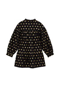 Melnas kleitas ar garām pūkainām piedurknēm, kurām ir saplacināts bodice un zelta sirdīm raksts visā kleitā. Augsts kakla izgriezums un viļņots apakšmalas dizains.