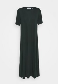 Robe noire à manches courtes avec un col rond, en tissu doux. Tombe librement jusqu'aux genoux avec une texture lisse et un design minimaliste.
