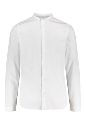 Weißes Langarmhemd mit Stehkragen, Knopfleiste und Ein-Knopf-Manschetten. Hergestellt aus einem glatten, leichten Baumwollstoff.