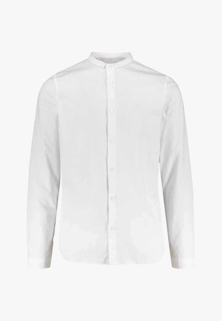 Weißes Langarmhemd mit Stehkragen, Knopfleiste und Ein-Knopf-Manschetten. Hergestellt aus einem glatten, leichten Baumwollstoff.